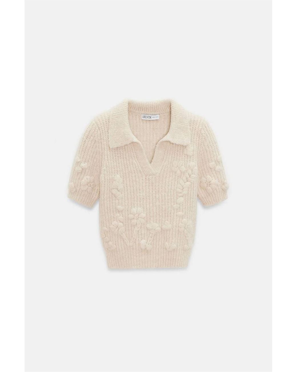 Dilvin Natural Textured Ribbed Polo-Collar Sweater