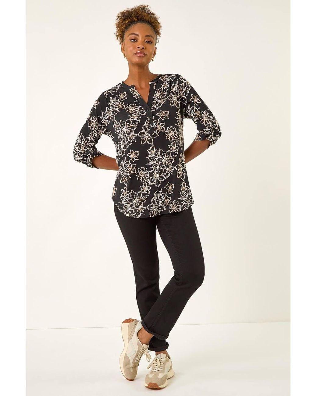Roman Black Floral Puff Print Stretch Top