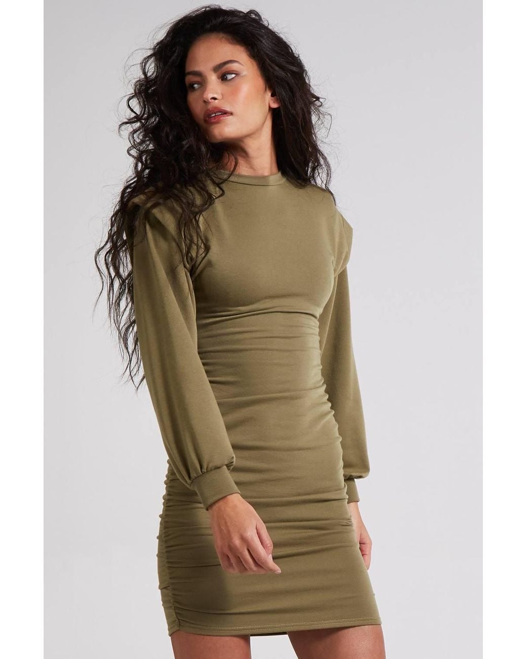 Pink Vanilla Green Hooded Shoulder Pad Gathered Hem Dress