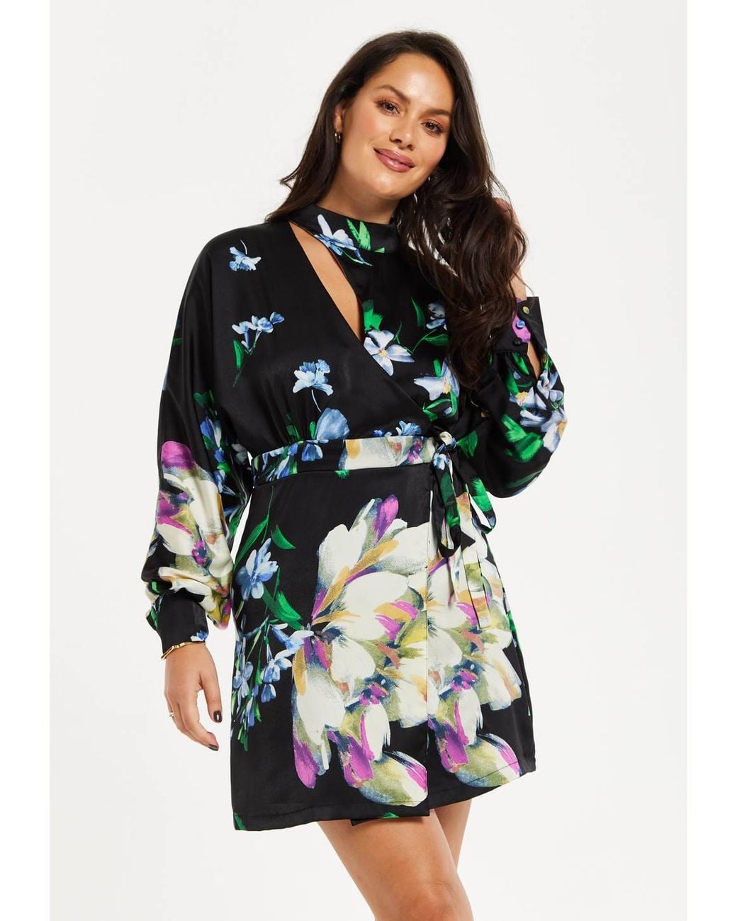 Liquorish Black Elegant Floral Print Mini Wrap Dress W/ Cut Out Detail