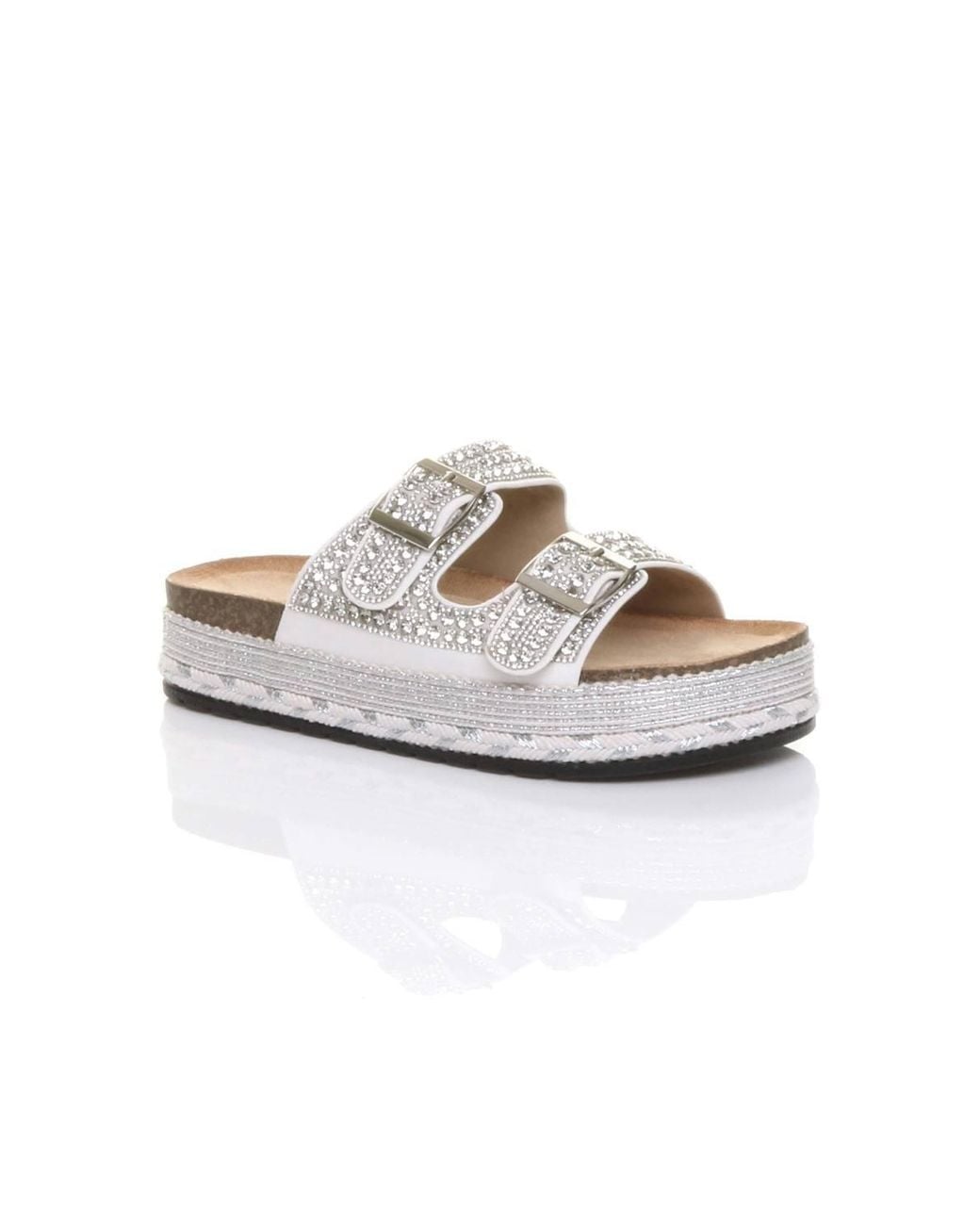 AJVANI White Platform Chunky Sole Diamante Buckle Footbed Sandals