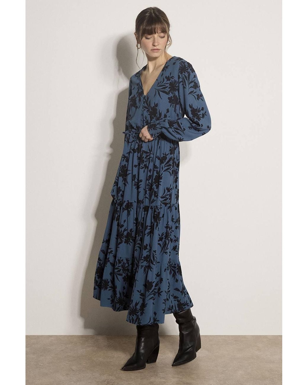 Apricot Blue Floral Crepe Midi Dress