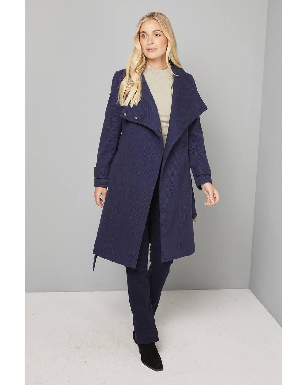 Wallis Blue Petite Funnel Neck Tie Belt Coat