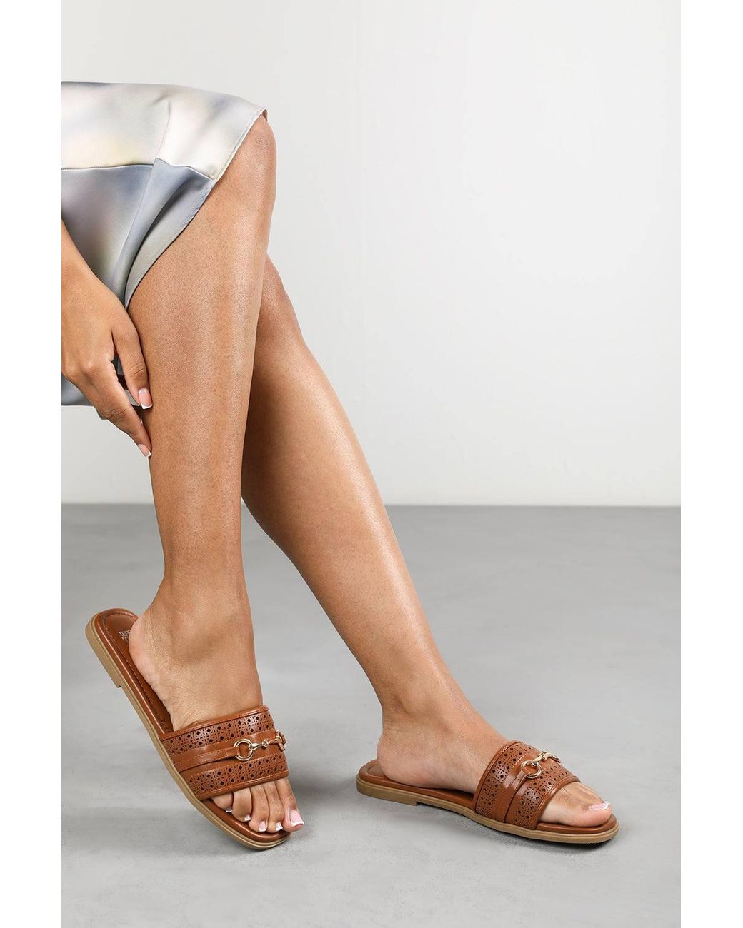 Where's That From Brown 'Natalie' Sliders W/ Geometric Strap & Metal Detail