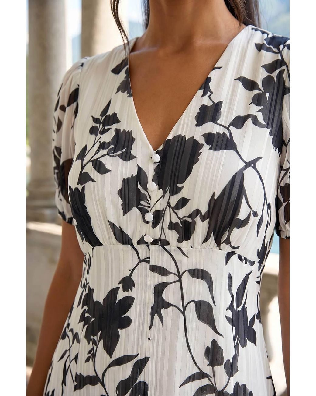 Roman White Floral Print Hanky Hem Midi Dress