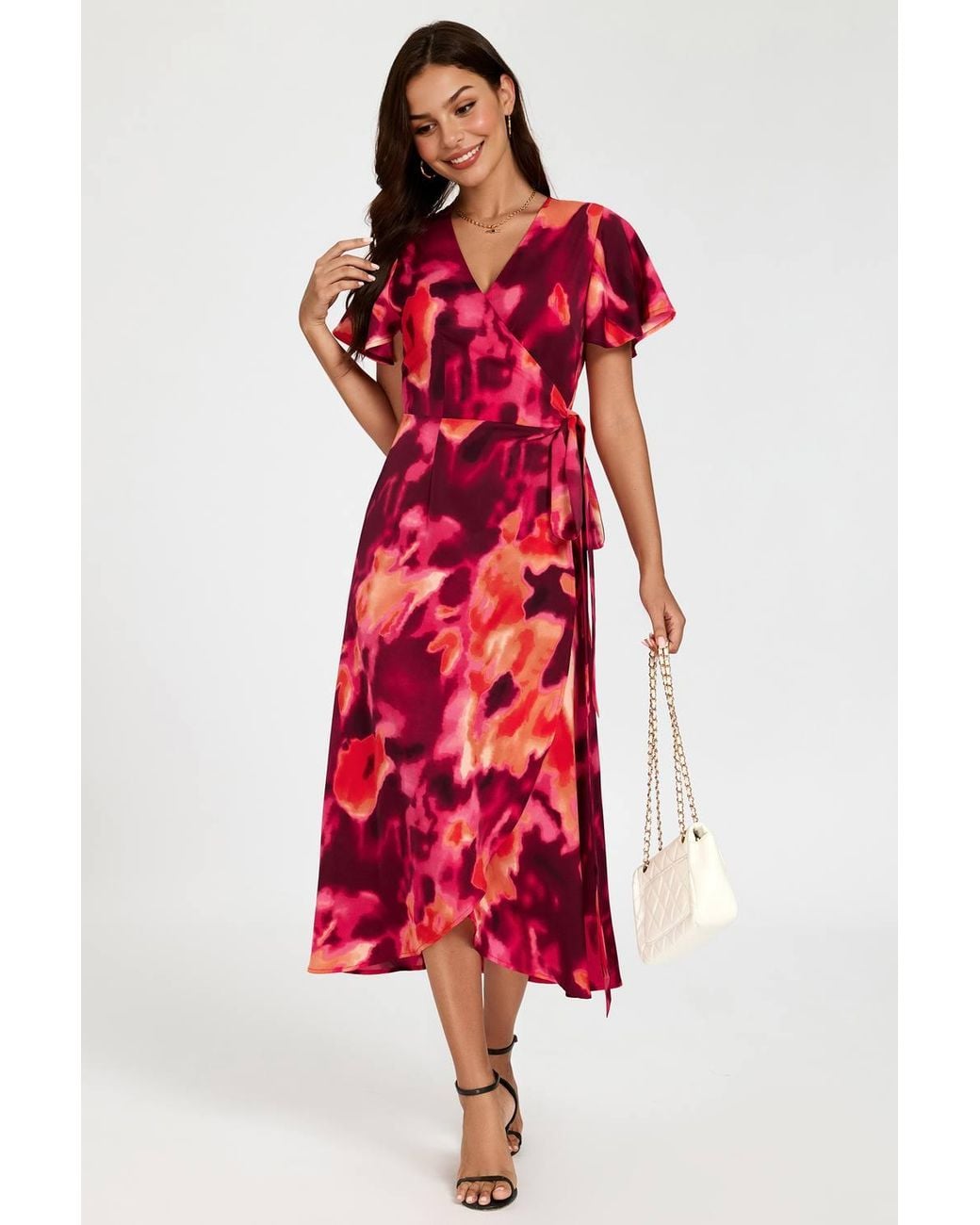 FS Collection Red Abstract Print Wrap Maxi Dress