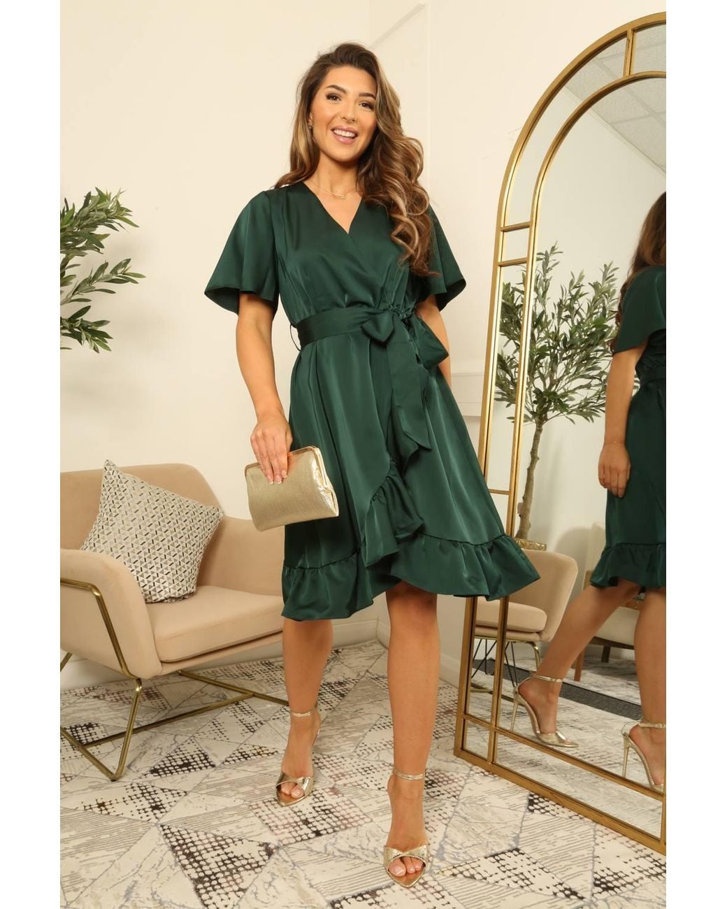 Double Second Green Frill Wrap Dress W/ Tea Sleeve
