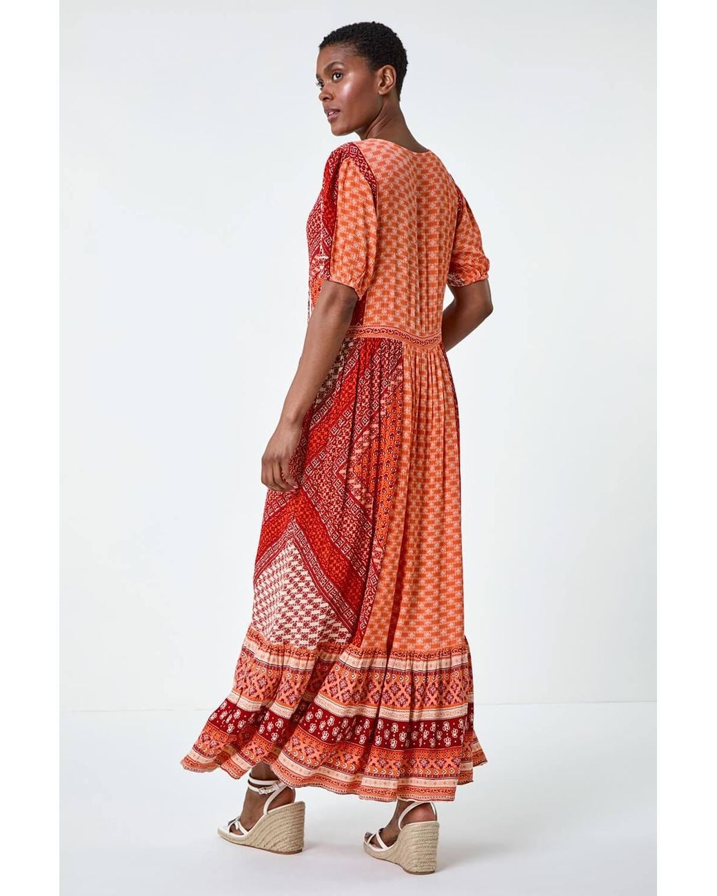 Roman Red Stripe Border Print Crinkle Maxi Dress