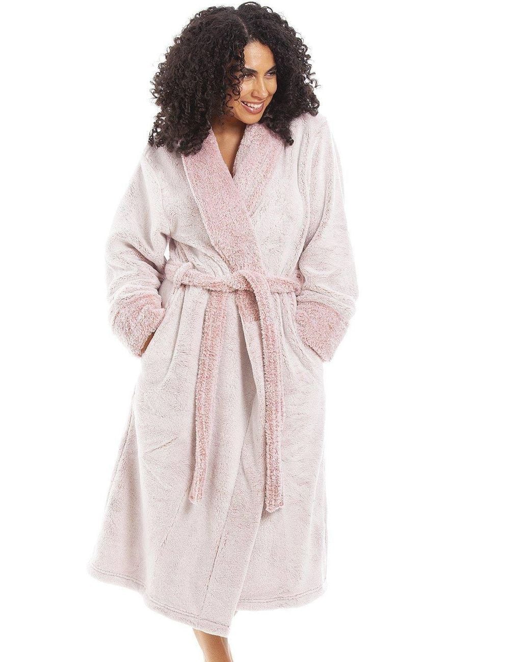 CAMILLE Pink Deep Pile Fluffy Bathrobe W/ Reverse Collar & Cuffs