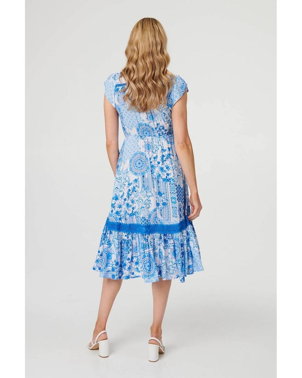 Izabel London Blue Abstract Printed Lace Trim Midi Dress