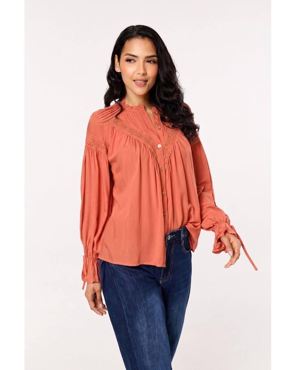Liquorish Blue Rust Lace Detail Shirt
