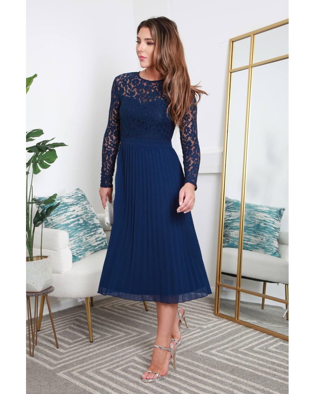 Double Second Blue Long Sleeve Lace Pleated Dress