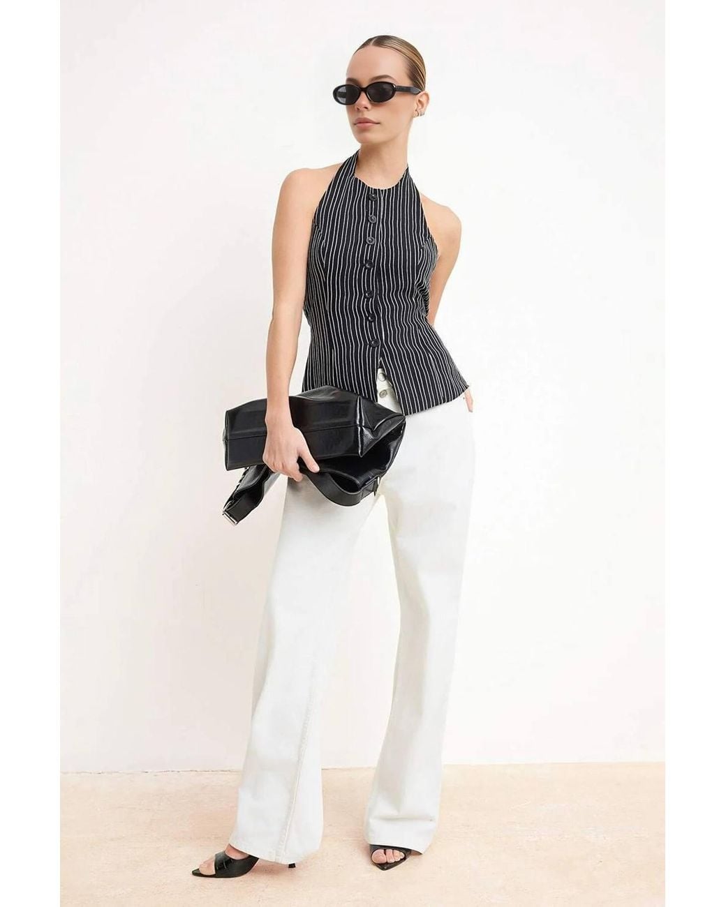 WOVCOR White Pinstripe Halter Neck Button Detail Sleeveless Woven Vest