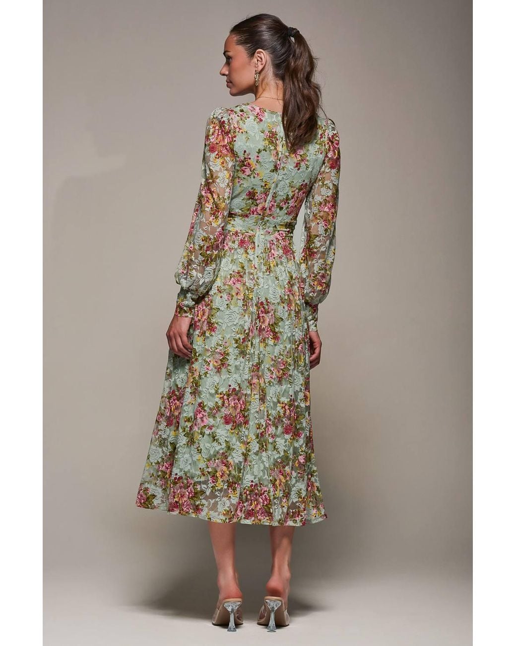 Jolie Moi Green Long Sleeve Printed Lace Maxi Dress