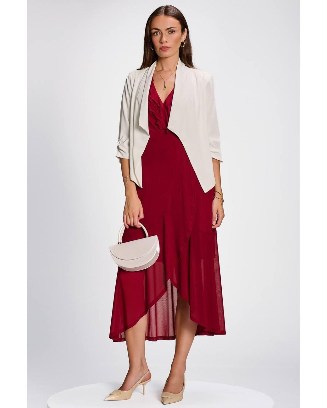 Jolie Moi Red Draped Open Collar Blazer