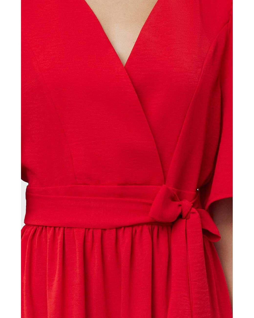 WOVCOR Red Belted Wrap Neck Back Detail Midi Dress