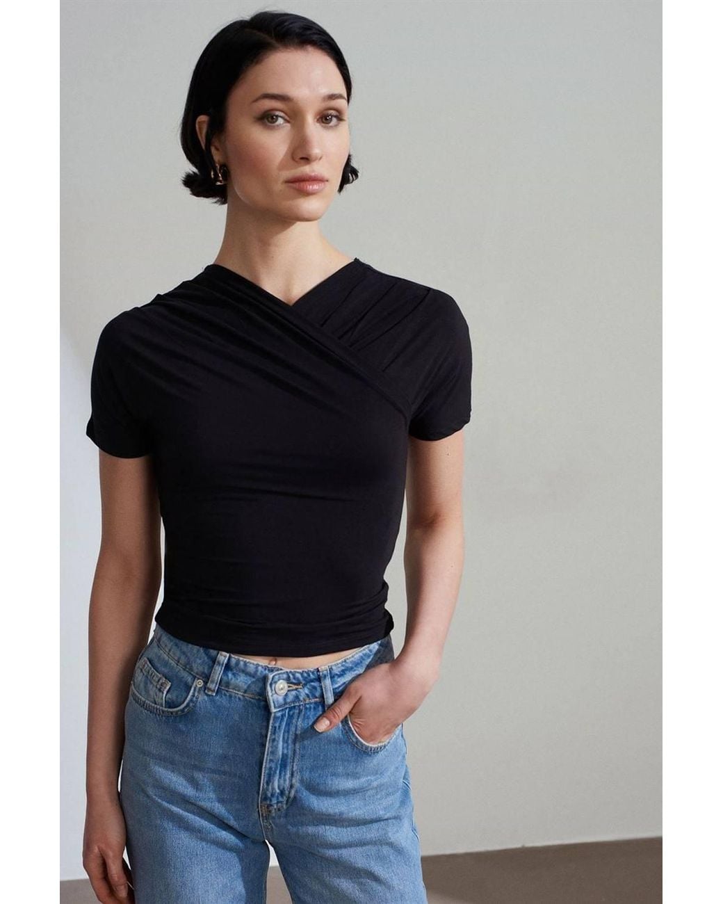 Dilvin Blue Slim Fit V-Neck Jersey Blouse
