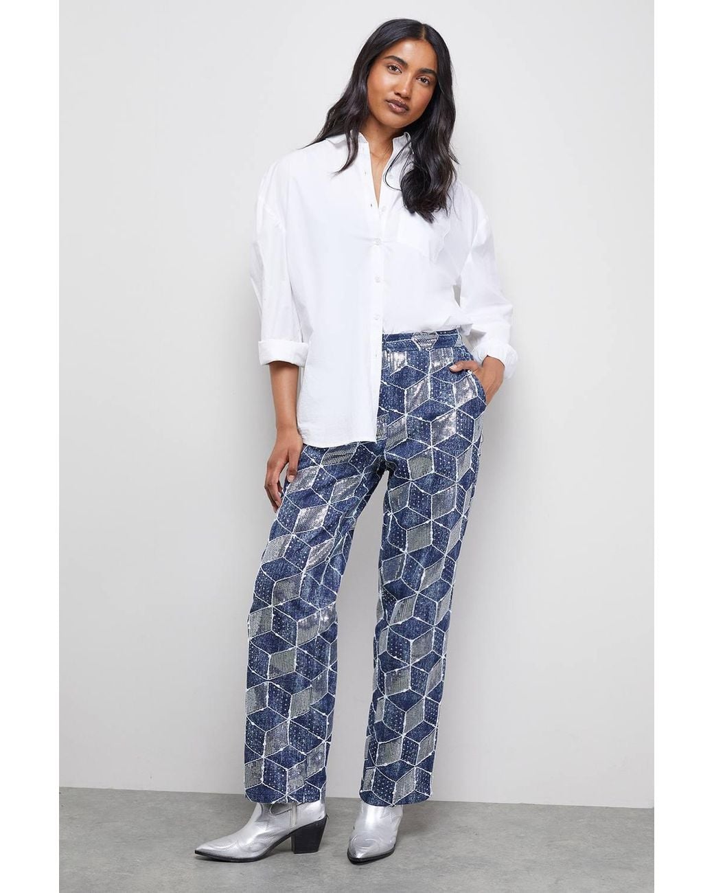 Warehouse Blue Patterned Sequin Jean