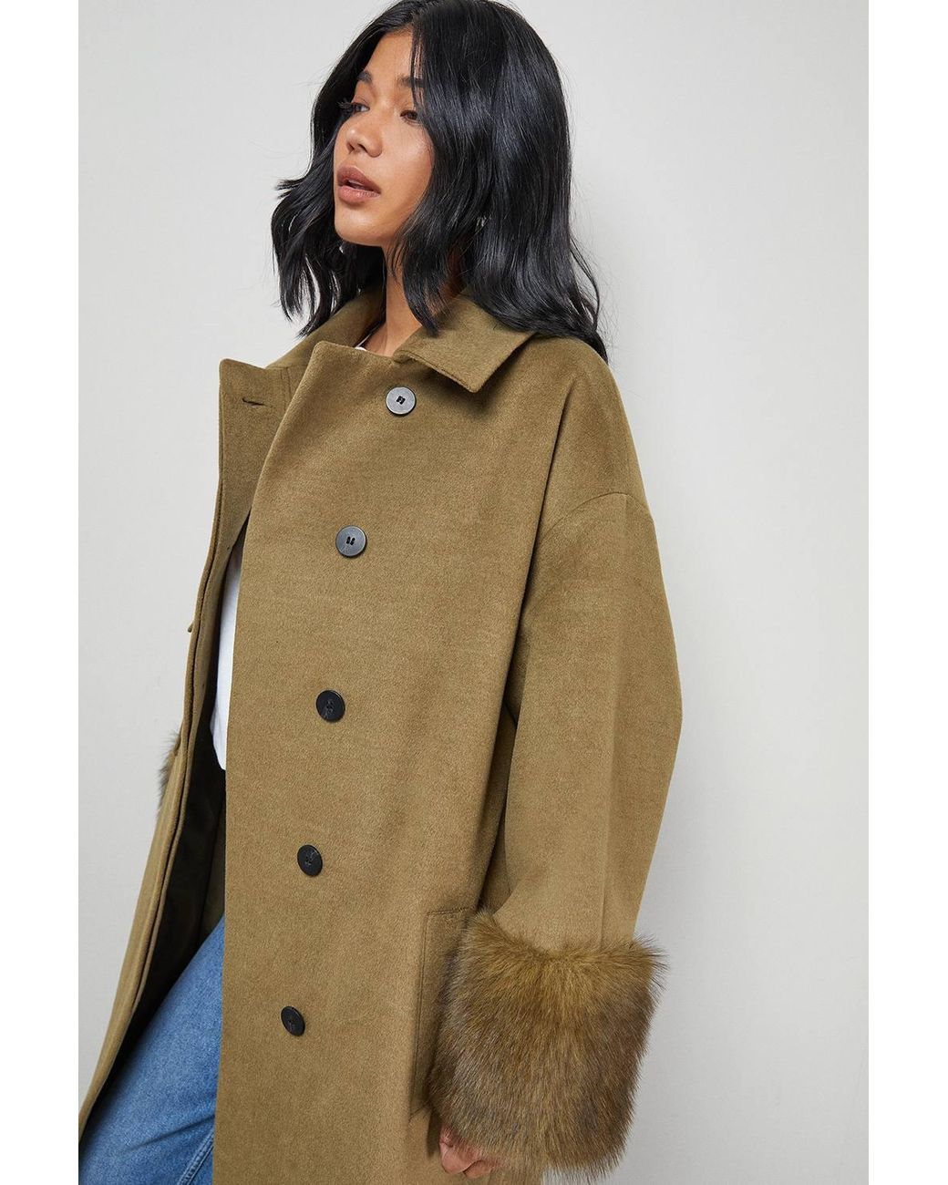 Warehouse Green Patch Pocket Faux Fur Cuff Maxi Coat
