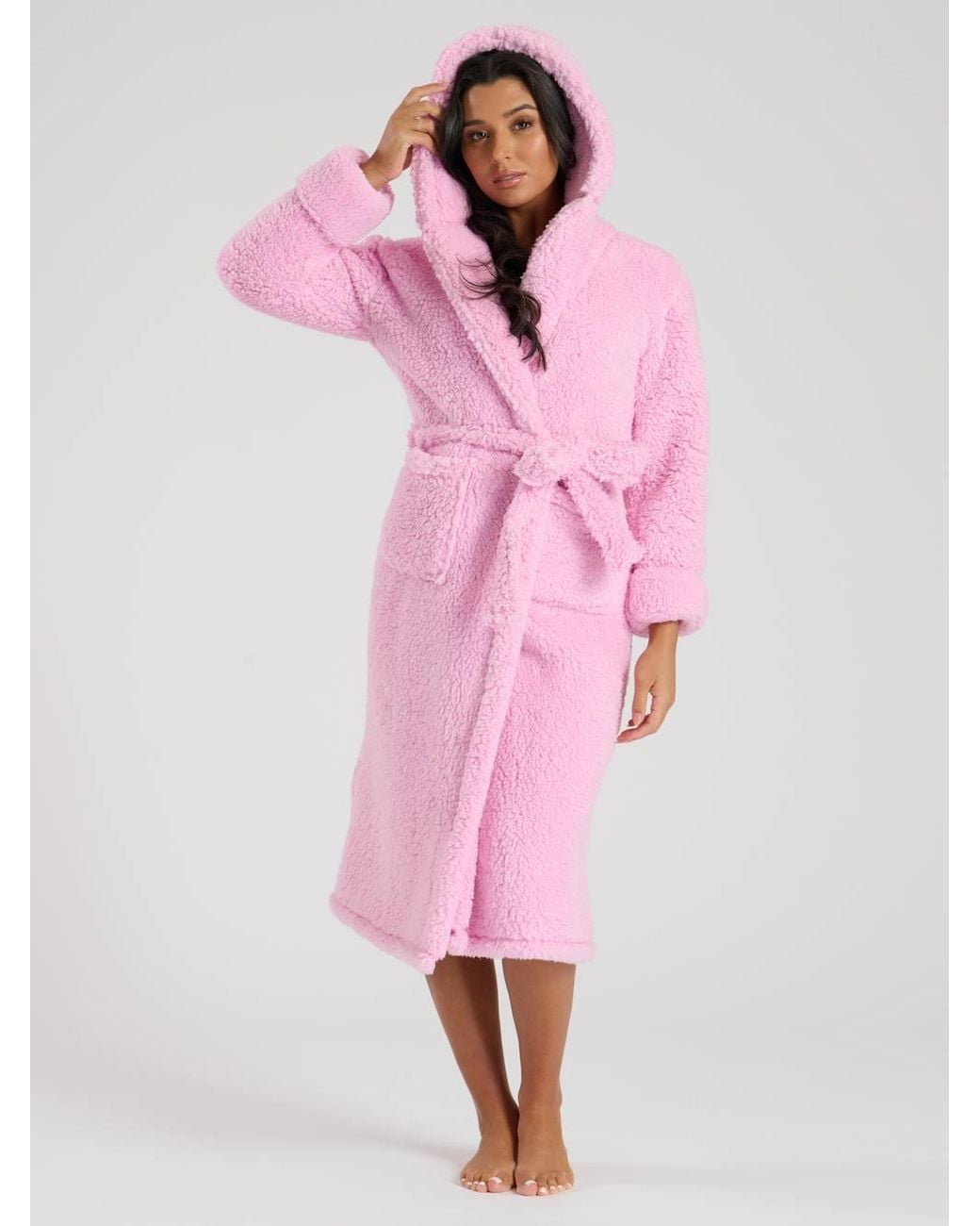 Loungeable Pink Chunky Sherpa Hooded Midi Dressing Gown