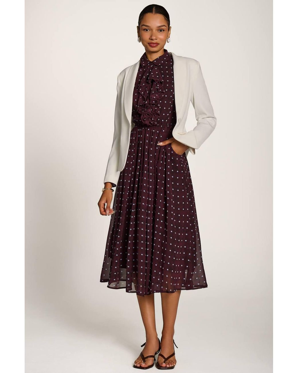 Jolie Moi Red Chiffon Print Ruffled Shirt Dress