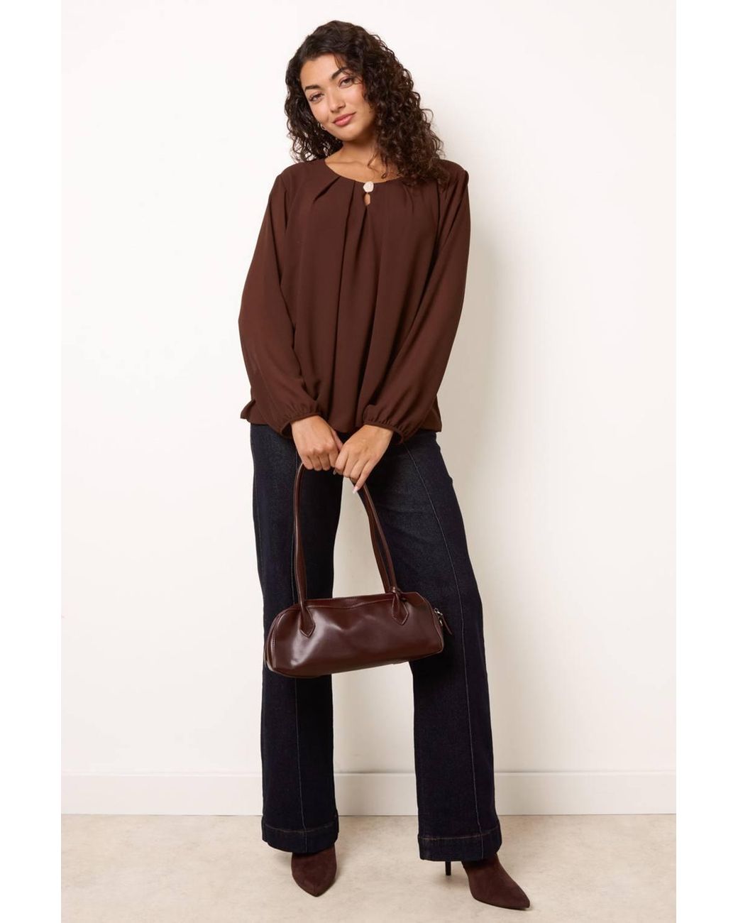 Blue Vanilla Brown Long Sleeve Round Neck Blouse