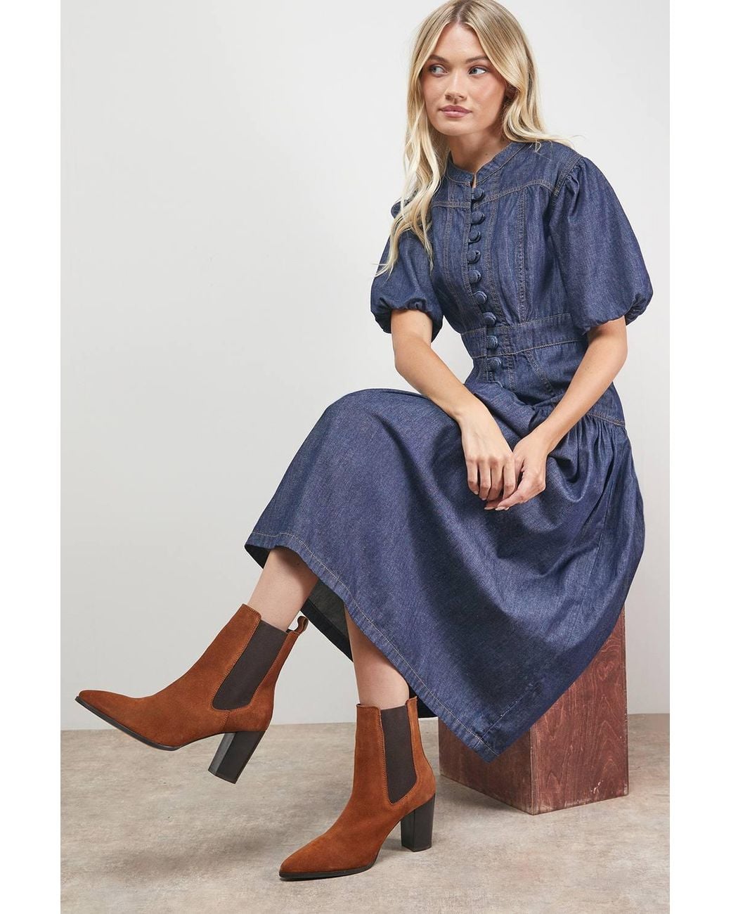 Oasis Blue Moss Suede Chelsea High Block Heel Ankle Boots