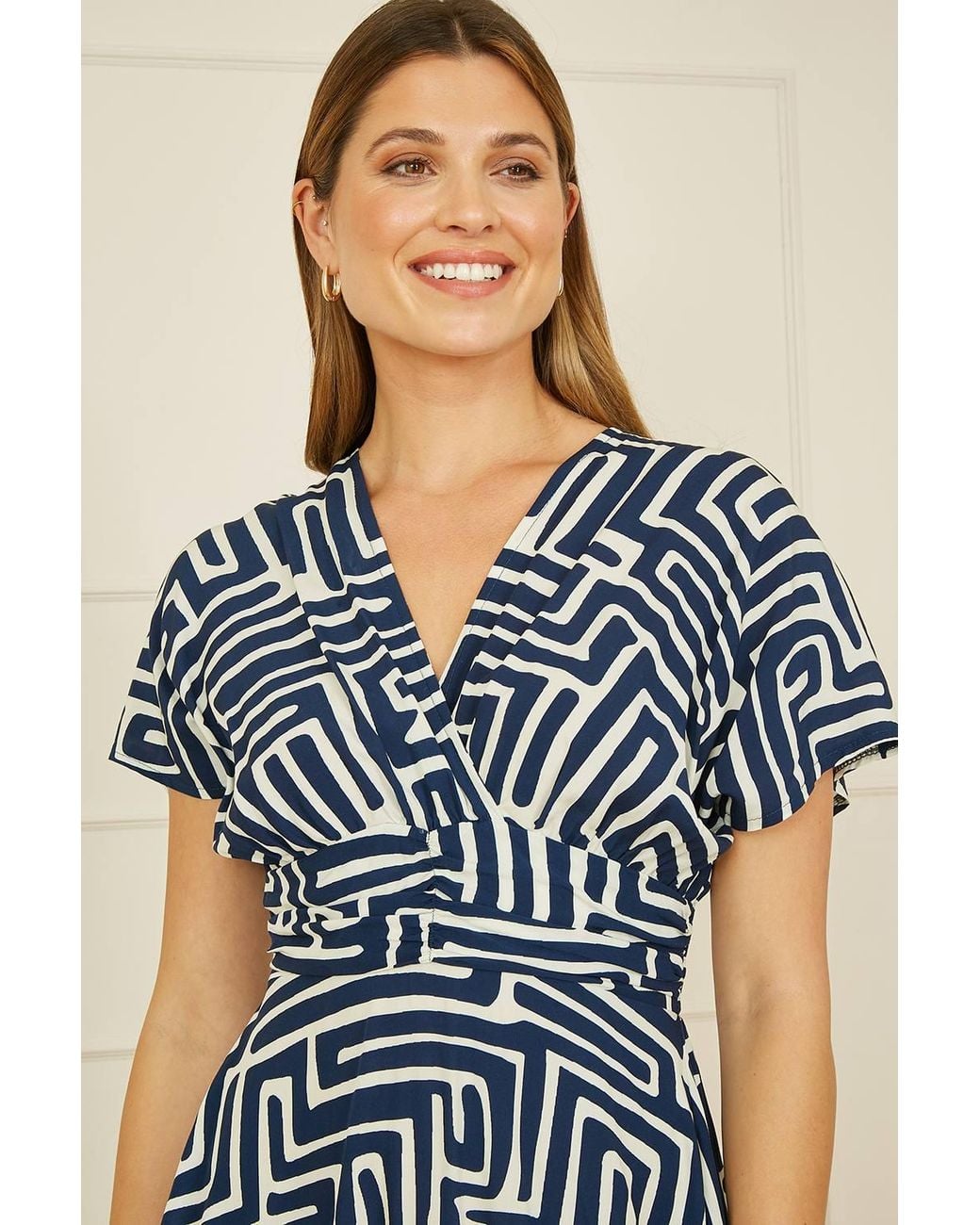 Yumi' Blue Geometric Print Ruched Waist Midi Dress W/ Kimono Sleeves