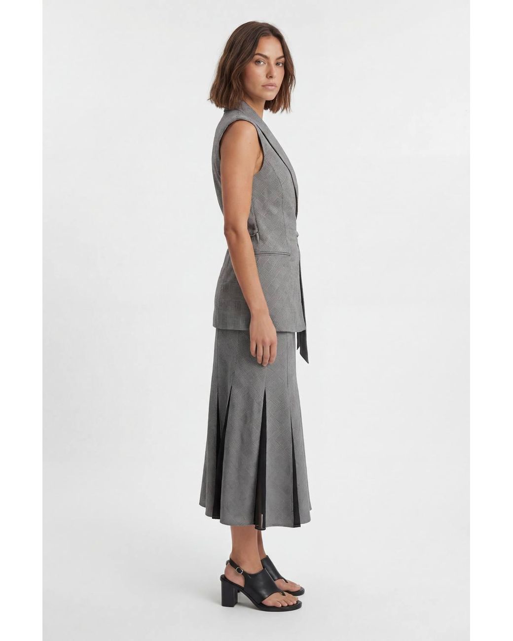 Karen Millen Gray Soft Tailored Check Godet Detail Midi Skirt