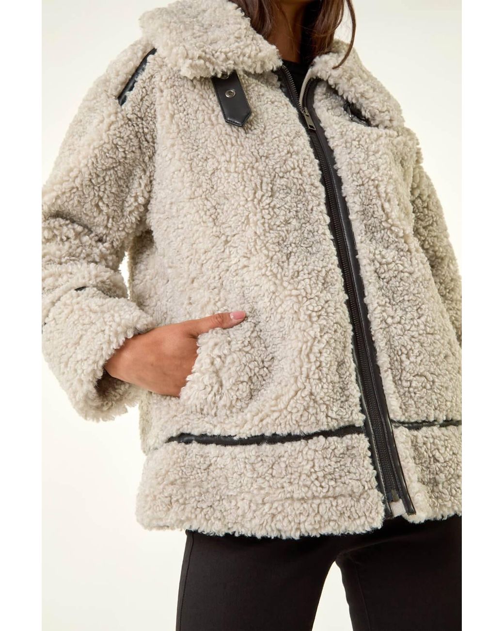 Roman Natural Petite Borg Contrast Aviator Coat