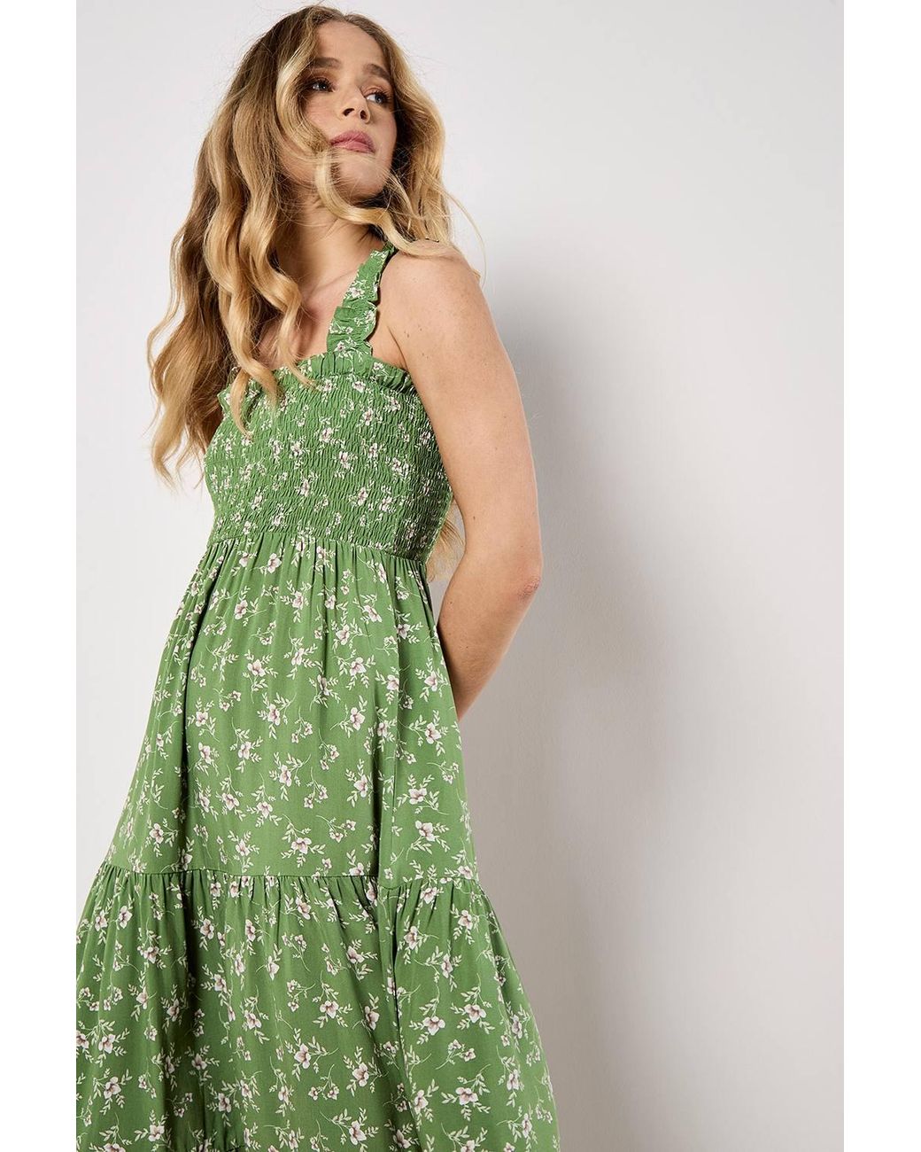 Apricot Green Orchid Print Smocked Midi Dress