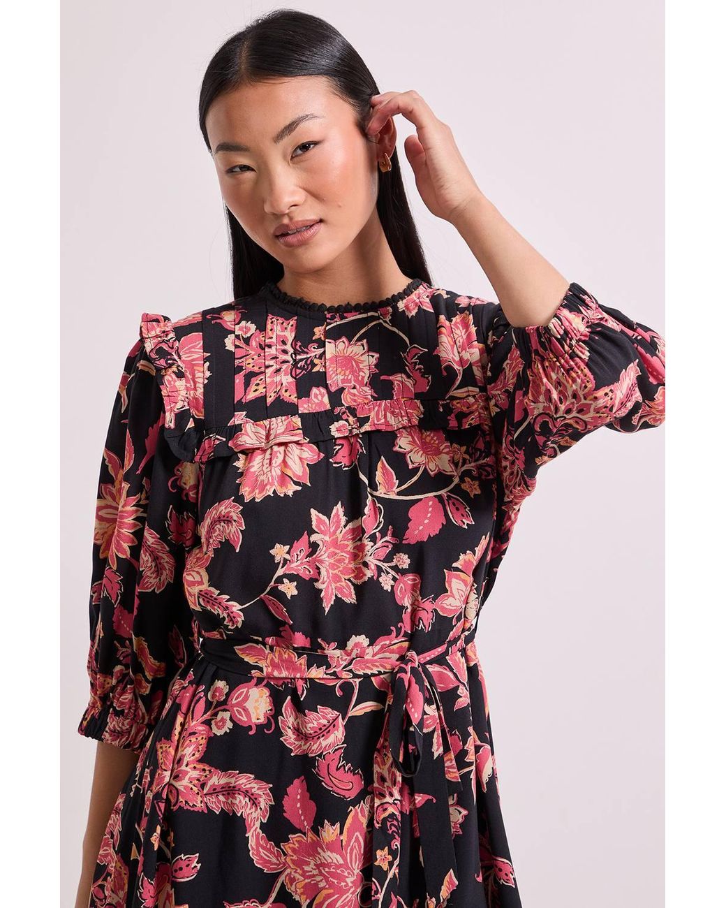 Dorothy Perkins Red Petite Tie Waist Yoke Frill Detail Printed Belted Mini Dress