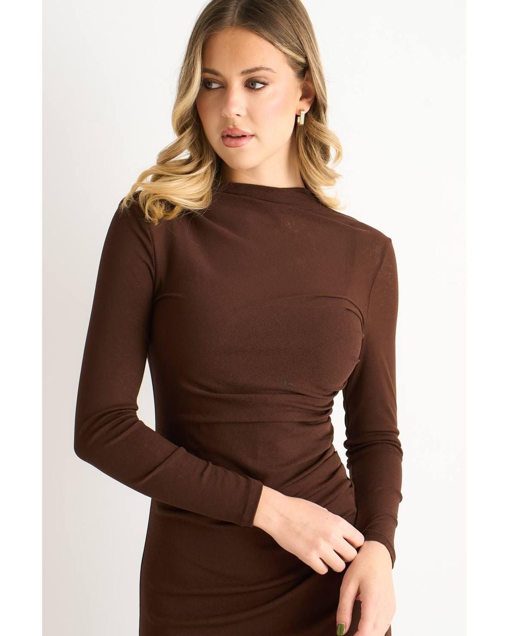 Gini London Brown Ruched Jersey Long Sleeves Midi Dress