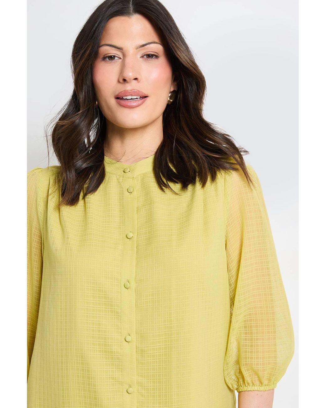 Wallis Yellow Check Organza Collarless Blouse