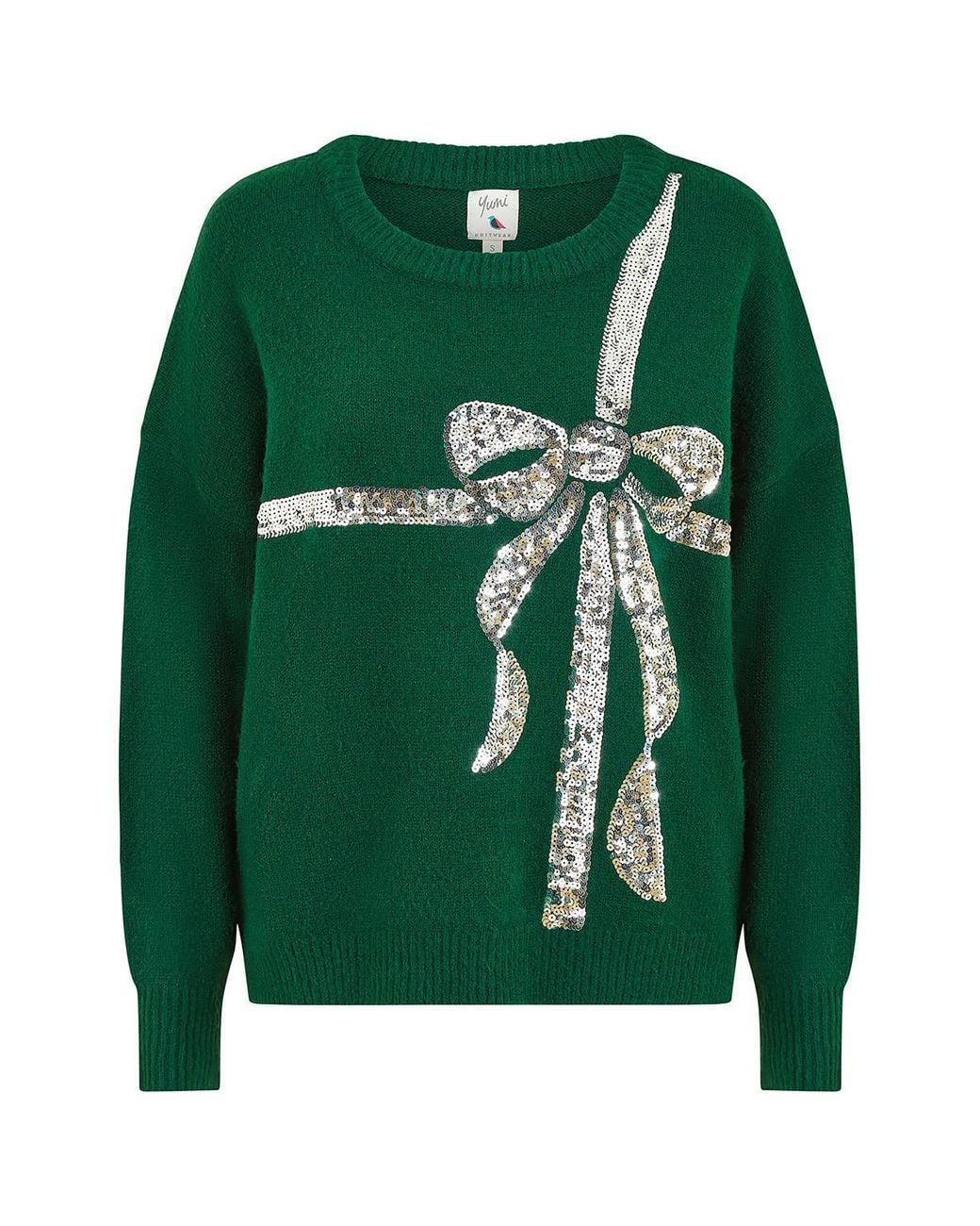 Yumi' Green Sequin Bow Knitted Jumper