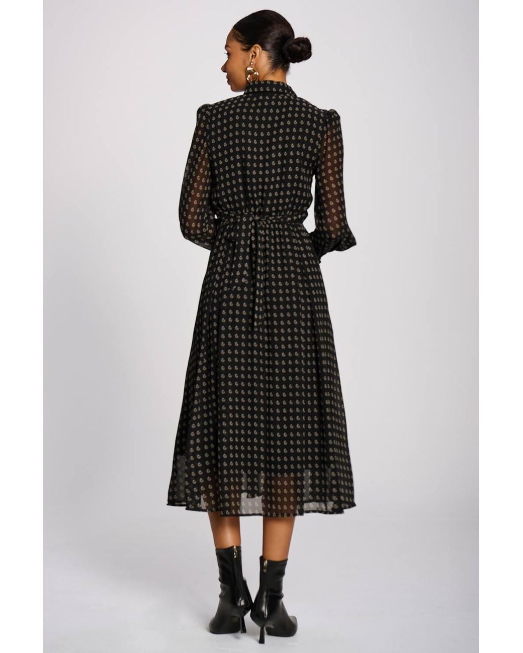 Jolie Moi Black Chiffon Print Ruffled Shirt Dress
