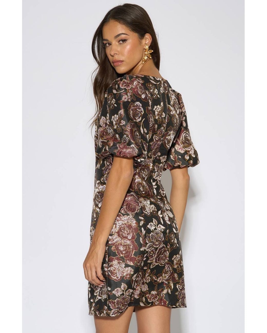 Gini London Brown Floral Jacquard Puff Sleeves Mini Dress