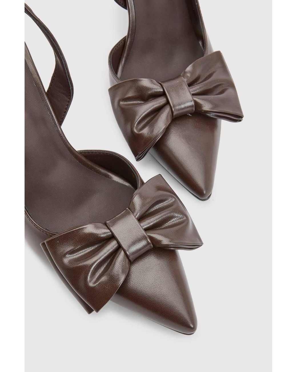 MissPap Brown Faux Leather Bow Detail High Stiletto Slingback Court Shoes