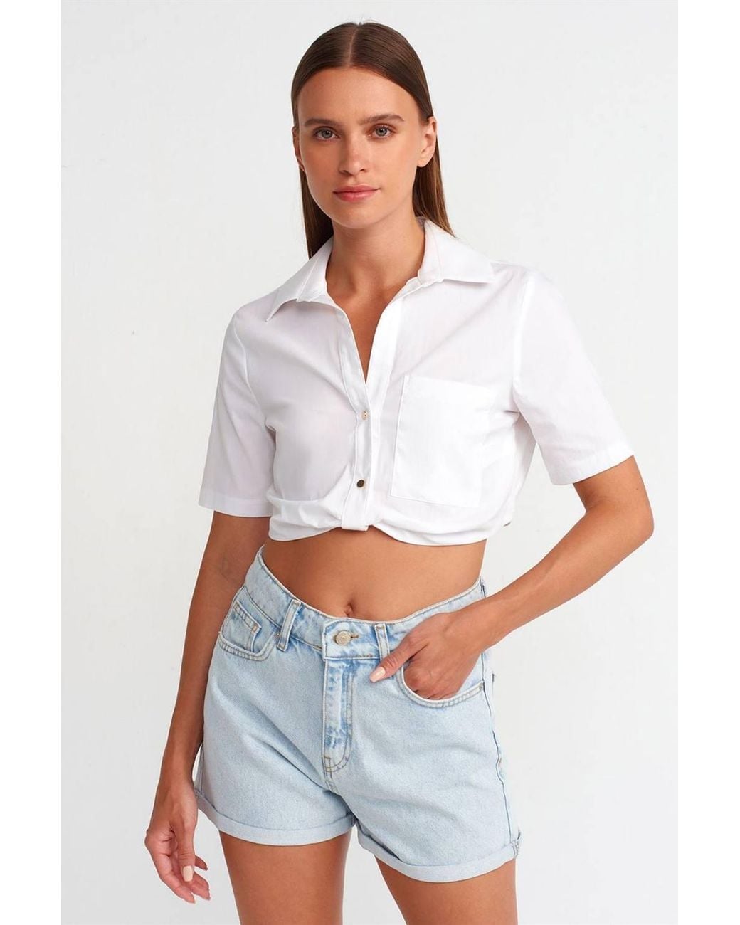 Dilvin White Cropped Poplin Shirt