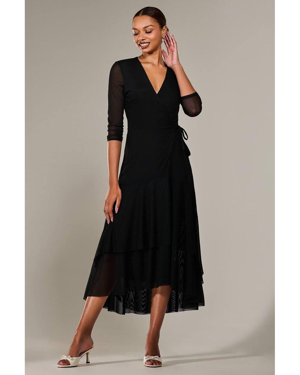 Jolie Moi Black Mesh Wrap Midaxi Dress