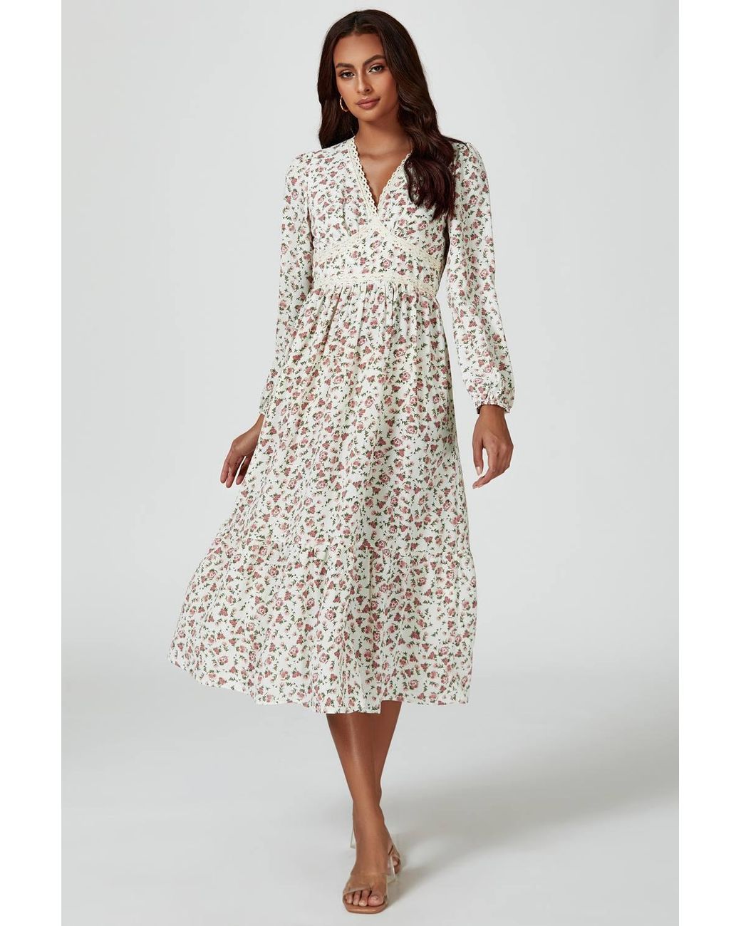FS Collection White Floral Print Long Sleeve Midi Dress