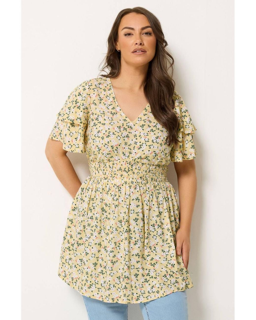 Yours Yellow Ditsy Print Flutter Sleeve Top