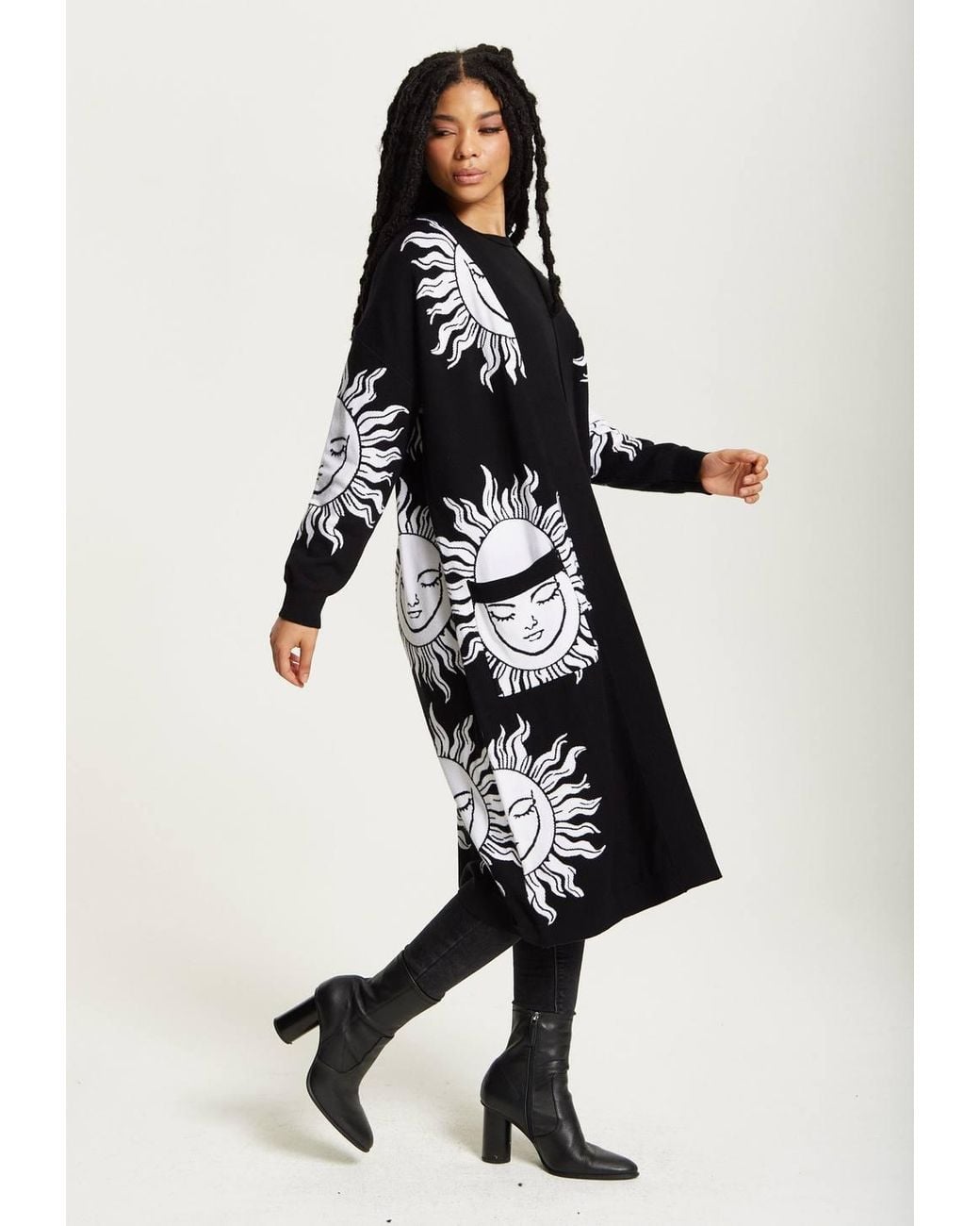 Liquorish Black Sunface Print Longline Cardigan