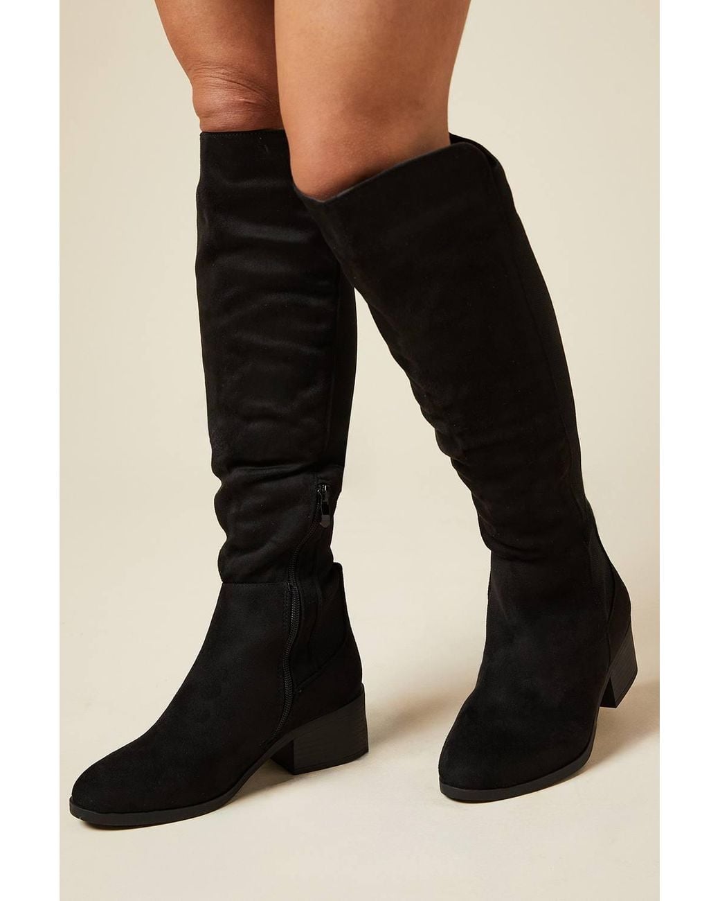 Wallis Black Wide Fit Hannah Stretch Back Almond Toe Low Heel Knee Boots