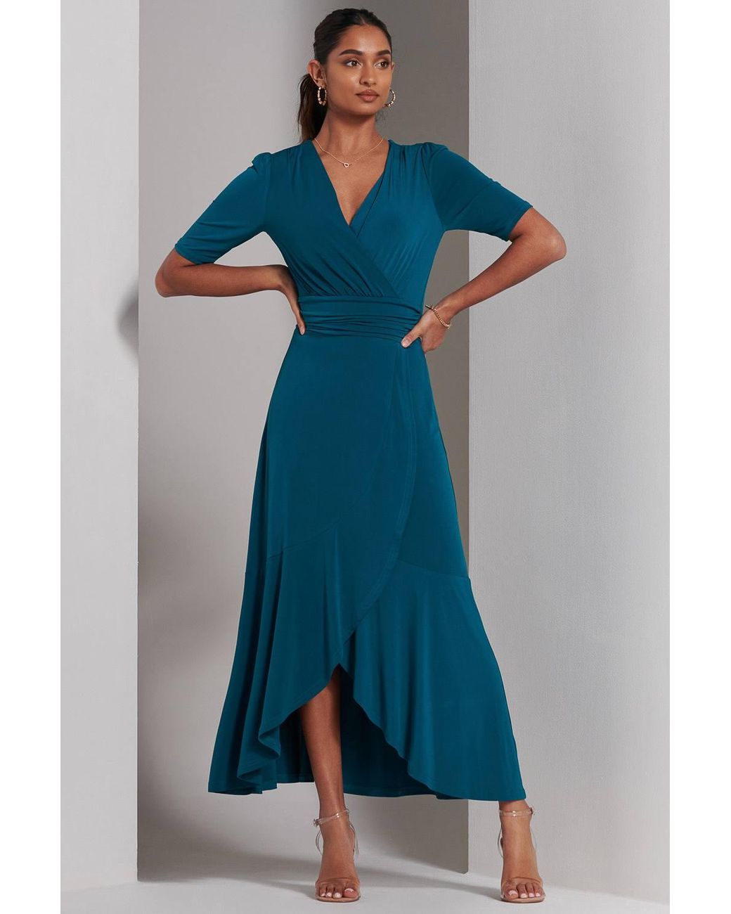 Jolie Moi Blue Olana Jersey Frill Hem Maxi Dress