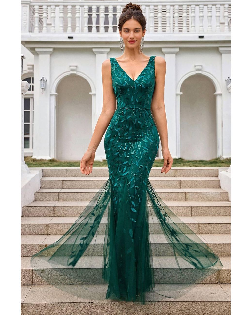 FS Collection Green Sequin Leaf Detailed V Neck Bridesmaid Maxi Dress