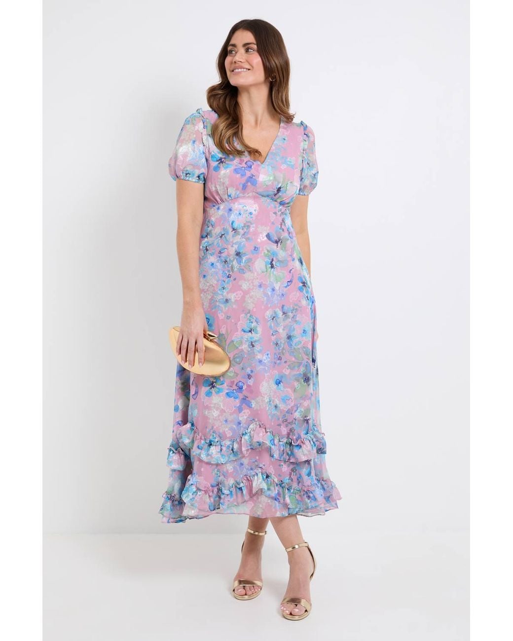 Wallis Multicolor Floral Satin Ruffle Hem Midaxi Dress