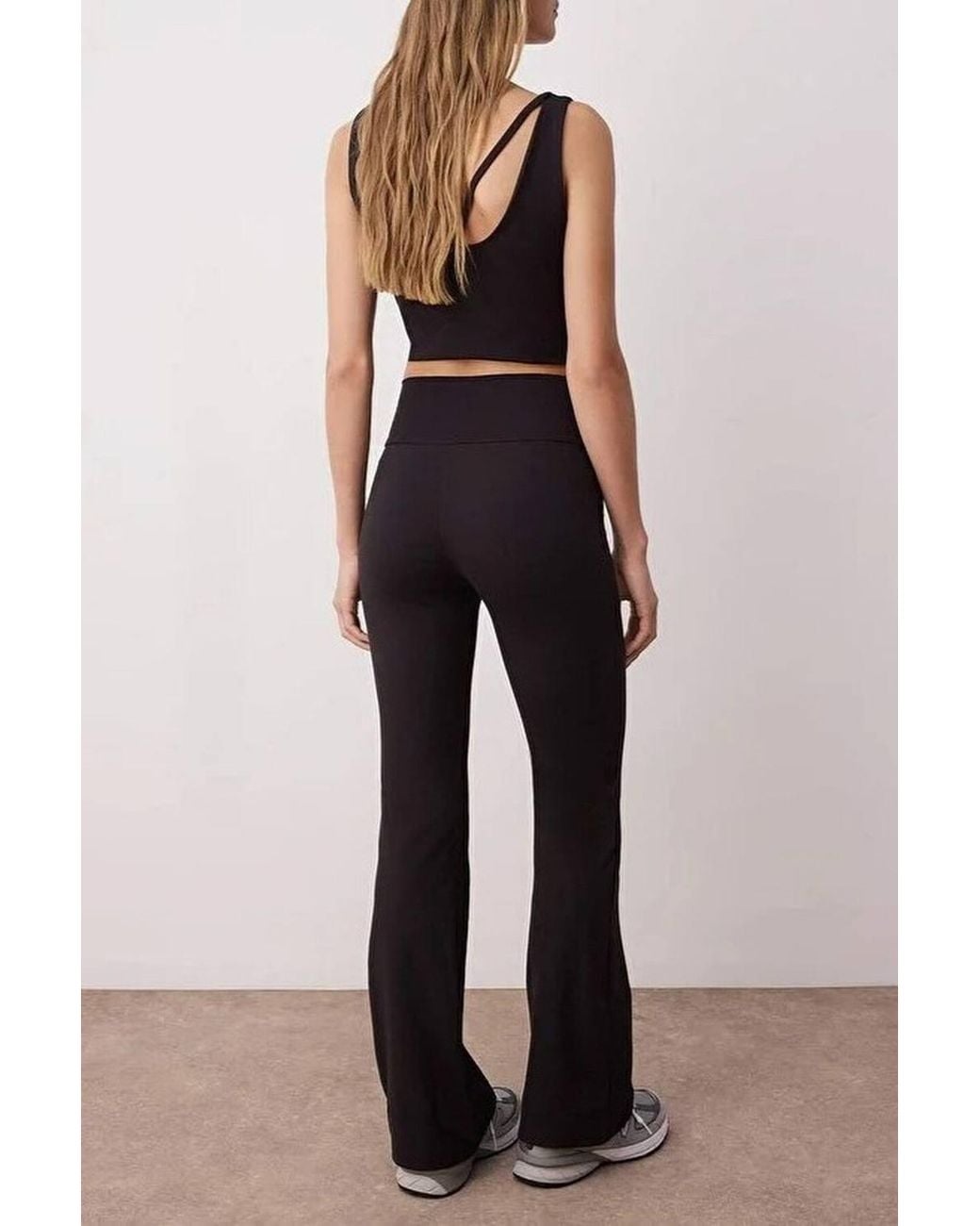 WOVCOR Black Crossover Waist Flared Full-Length Sports Leggings W/ Pockets