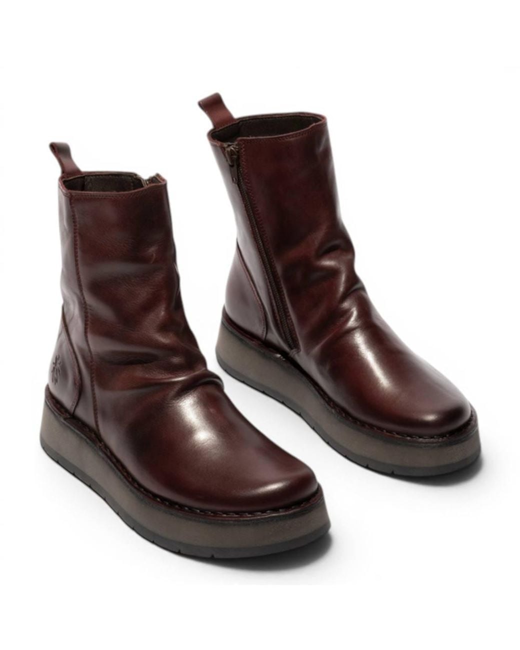 Infinity Leather Brown Fly London Leather Zip-Up Platform Ankle Boots