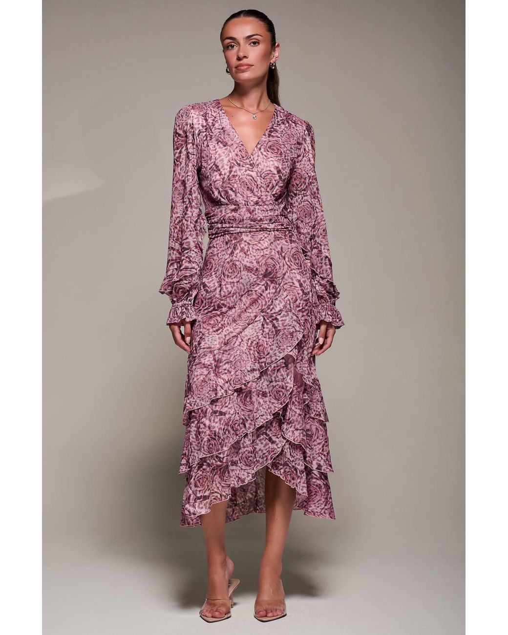 Jolie Moi Pink Long Sleeve Frill Detail Mesh Maxi Dress